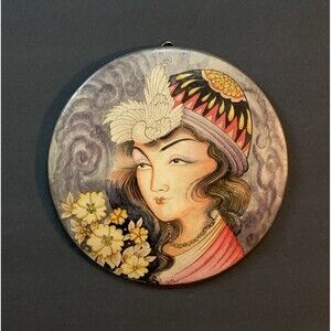 Round Wall Decor Persian Art Woman Flowers Hat Bird Padded Smooth Supple Surface